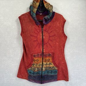 Greater Good Sleeveless Hoodie S/M Jacket Rainbow Boho Hippie Festival Zip Up